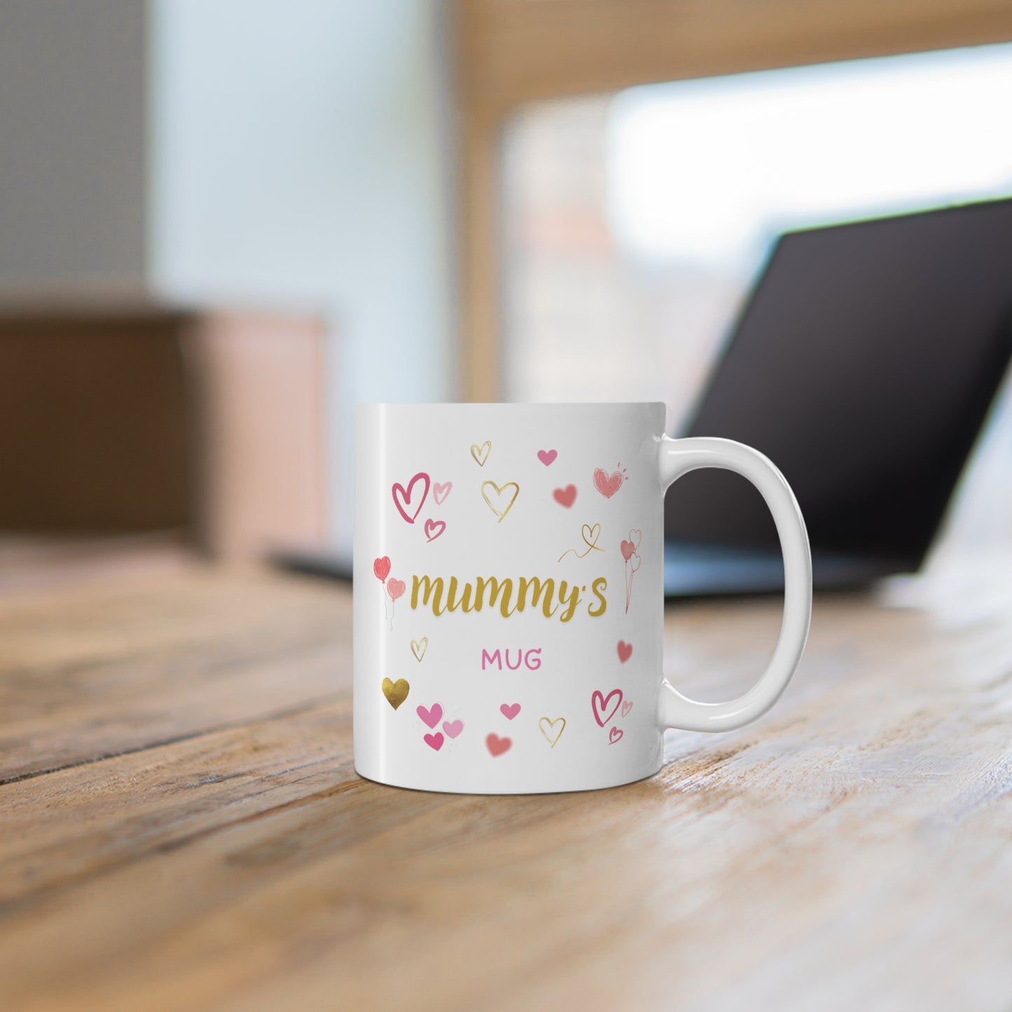 Mother's Day Mug 11oz - Pink and Golden Heart Mug for Mummy