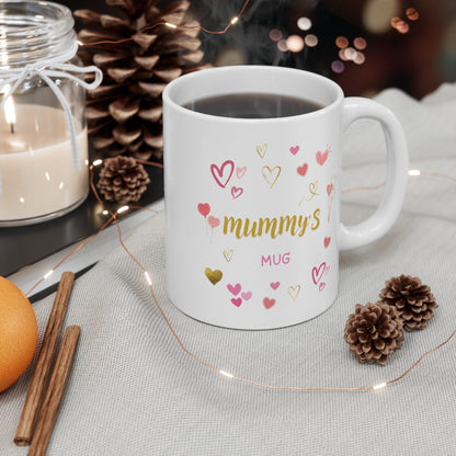 Mother's Day Mug 11oz - Pink and Golden Heart Mug for Mummy