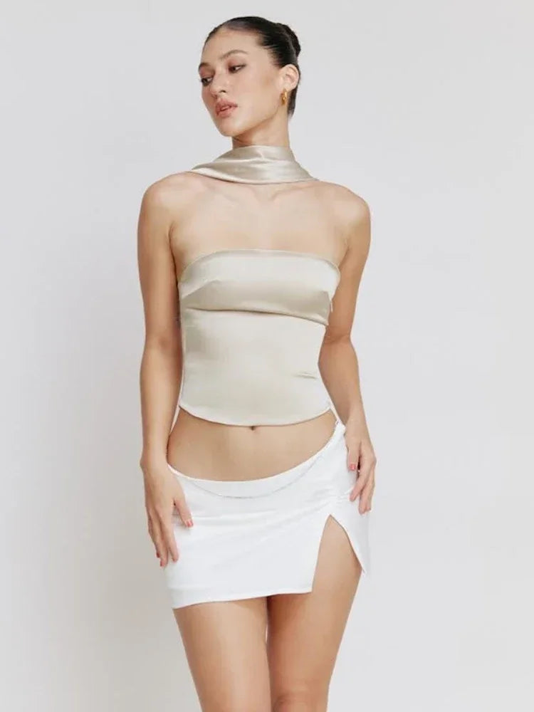 Compass Backless Satin Crop Tops